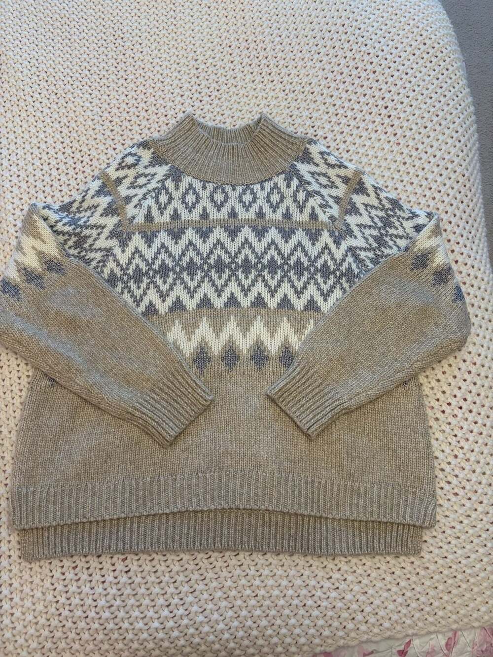 Lucky Brand Fair Isle Mock Neck Sweater Size XL Beige Gray Knit Pullover